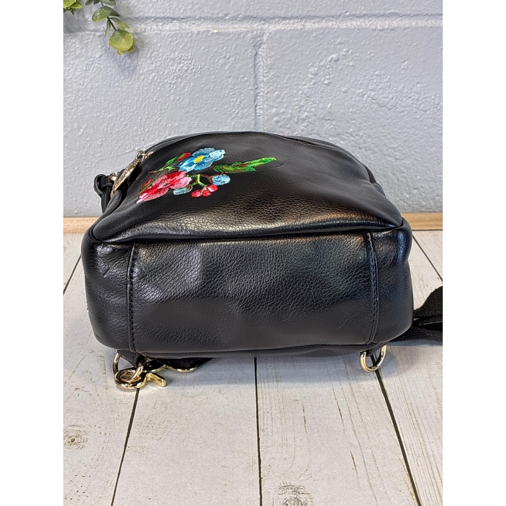 Betsey Johnson Black Floral Embroidered Mini Backpack Sling Bag Pink Lining - Picture 7 of 12